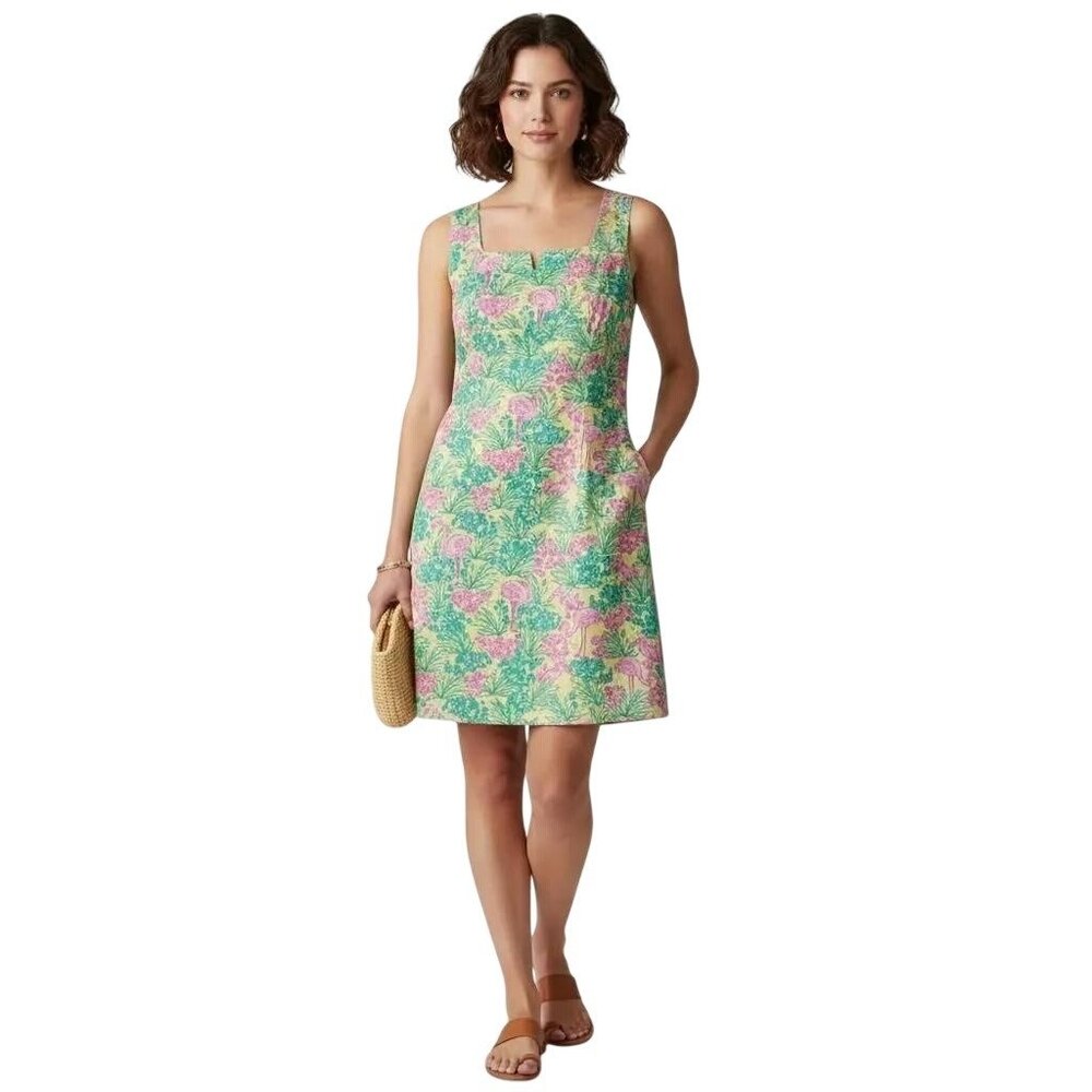 Lilly Pulitzer Women's Green Pink Flamingo Floral Print Dress Shift Dress Sz 10 - Picture 1 of 13